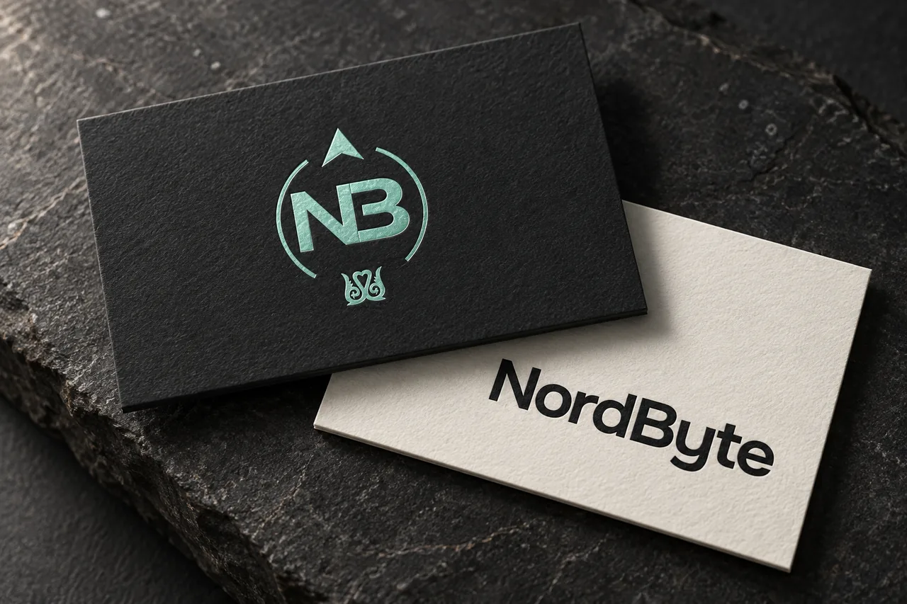 Концептуальный мокап визиток NordByte на тёмной поверхности