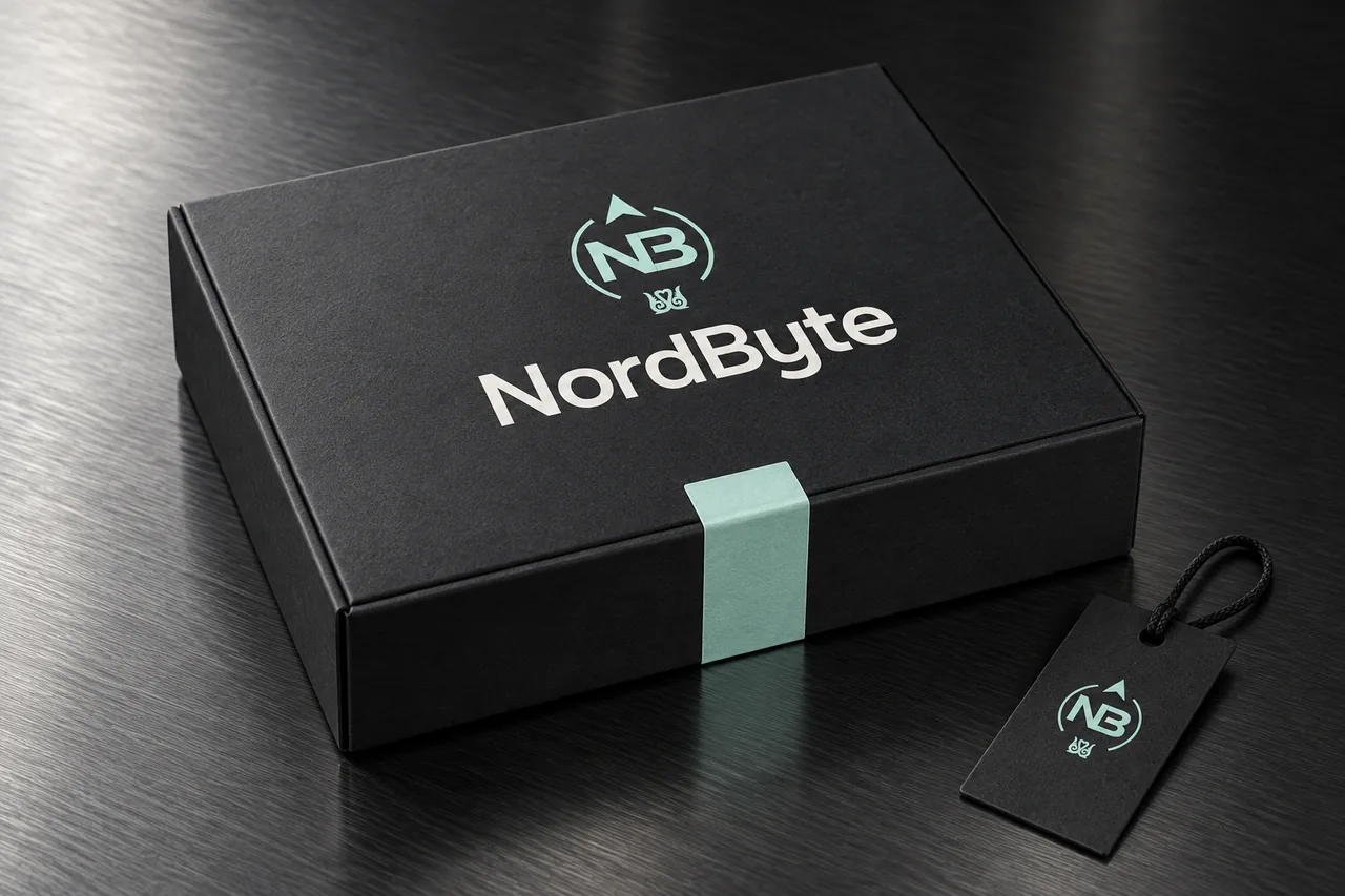 Концептуальный мокап графитовой упаковки NordByte с фирменным знаком