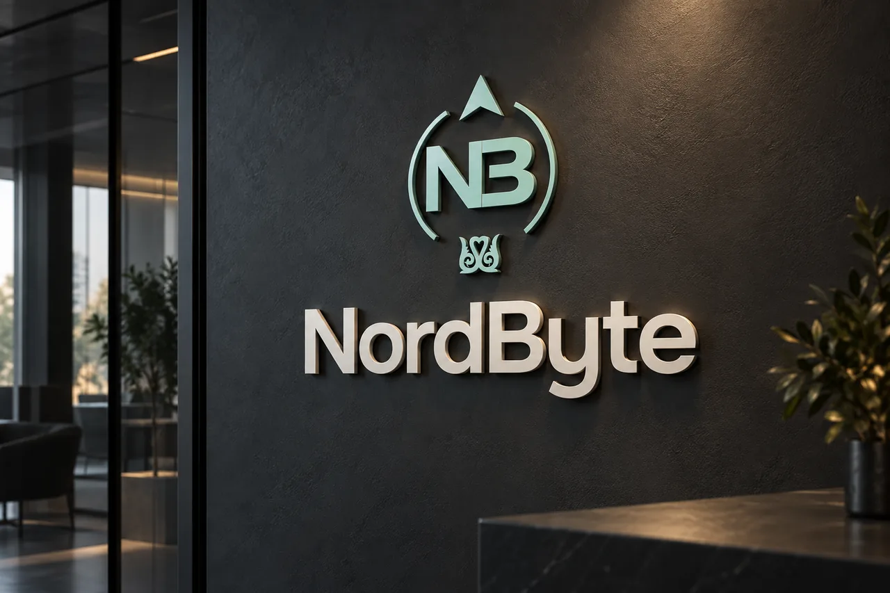 Концептуальный мокап вывески NordByte в интерьере технологической студии